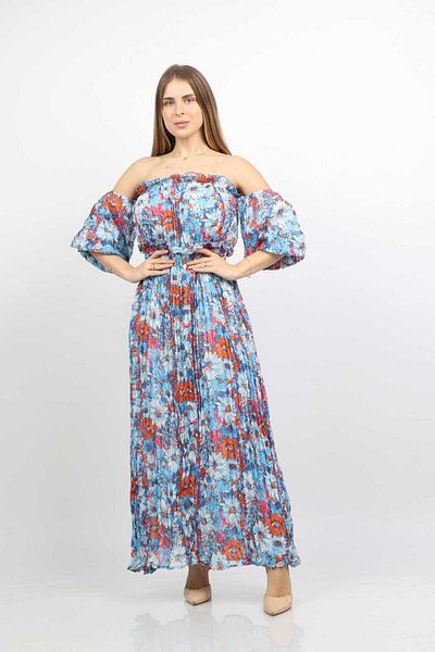 Nichii Floral Maxi Dress with No Shoulders and 3/4 Puff Sleeves -