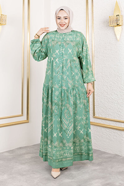 Tesettür Dünyası Μακρύ μαντίλι φόρεμα από βισκόζη με μισό κουμπί και πατιλέτα TSD250206 Πράσινο