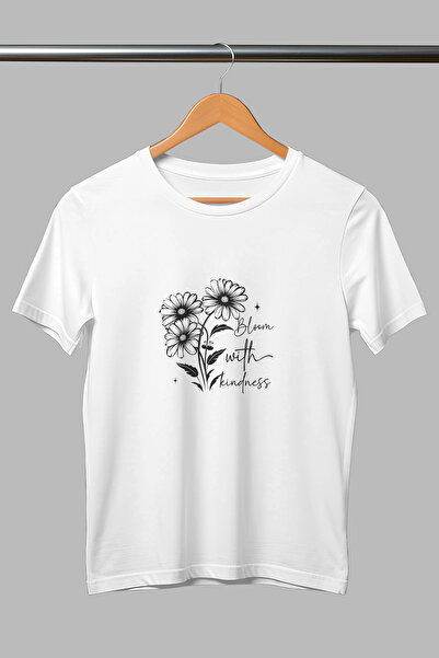 giftkonsept تي شيرت أبيض للجنسين من القطن مطبوع عليه Bloom With Kindness