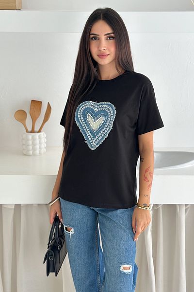 FEMELLE Tricou de damă, negru, cu model de inimă, cu mărgele brodate, detaliu din denim, 100% bumbac