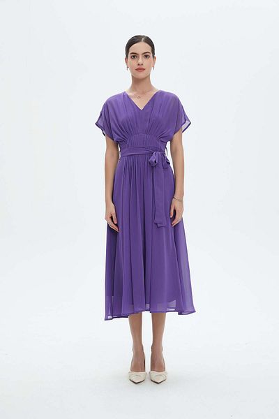 Nichii Women's Solid Midi Dress with Short Open Sleeves