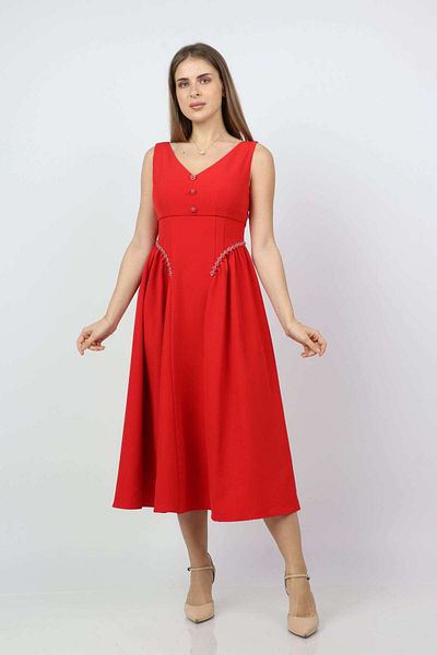 Nichii Embroidered Midi Dress with Front Buttons and No Sleeves