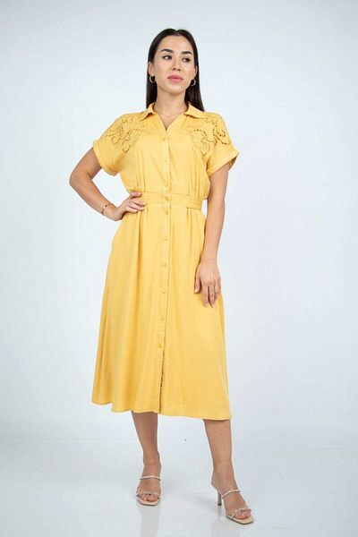 Nichii Women's Midi Shirt Dress with Front Buttons and Hidden Waist Belt, Short Sleeve