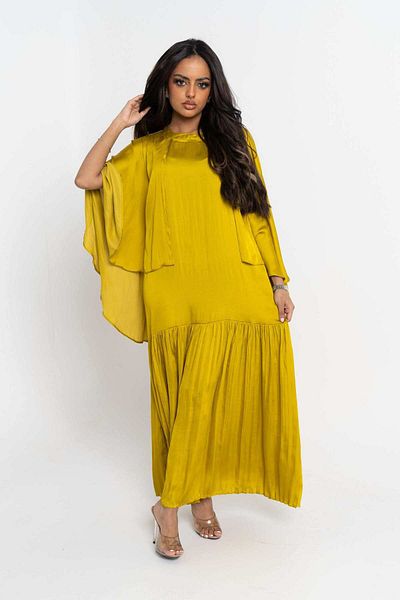 Nichii Solid Pleated Midi Dress with Butterfly Sleeves