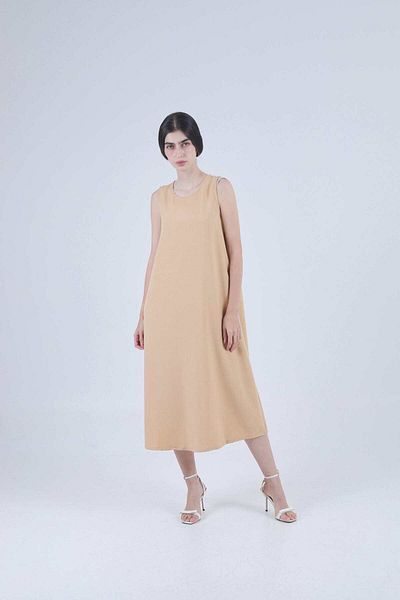 Nichii Women's Plain Wide Midi Dress with Round Neck and No Sleeves