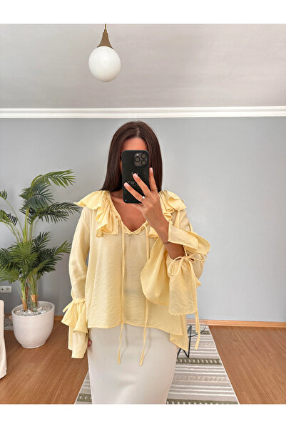 Flow Kadın Sarı Volan Detaylı Bağlamalı Fırfırlı Şifon Bluz