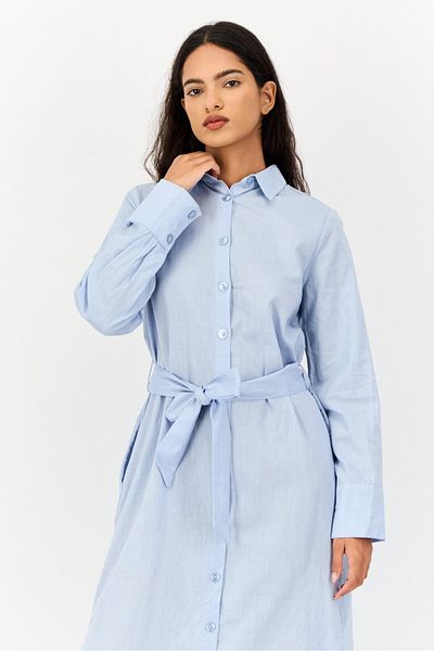 Koton Women Solid Belted Casual Midi Dress, Blue