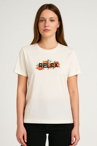 MONARCHMODA Tricou pentru femei (TRIOC PREMIUM ECRU IMPRIMAT REGULAR FIT / CORT NORMAL 100% bumbac 100% GULER CU DUA ORI)