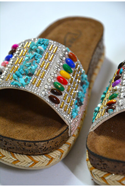 SUNSTEP Ethnic Patterned Striped Gray Beaded Women's Slippers – Summer Casual Platform Slippers