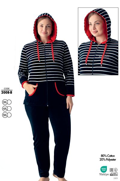 ROMEO LİFE Women's Plus Size Striped Cotton Hooded Velvet Sweatpants Set 2008-B