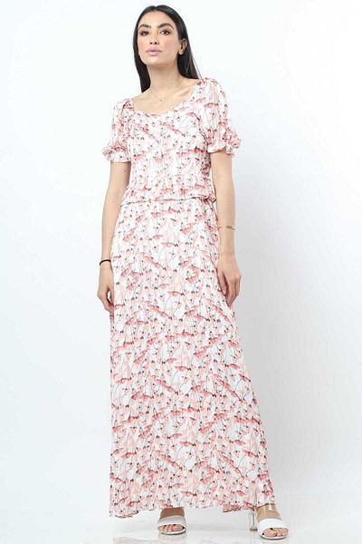 Nichii Floral Pleated Long Dress with Buttons and Short Sleeves