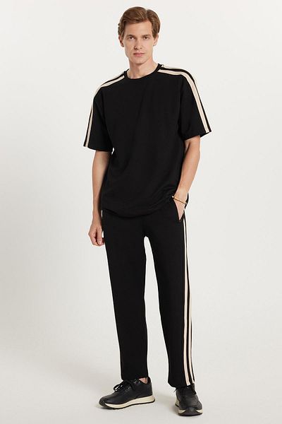 Tudors Men's Standard Fit Regular Fit Cotton Crew Neck Stripe Black Tracksuit Set