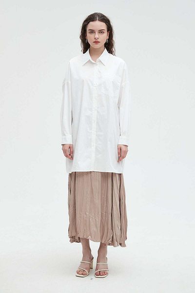 Nichii Women's Short Loose Solid Dress with Front Buttons and Long Sleeves