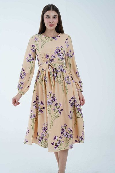 Nichii Floral Midi Dress with Belted Waist and Long Sleeves