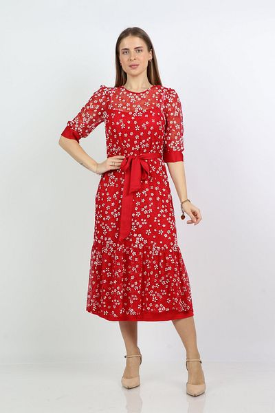 Nichii Floral Midi Dress with Bow Belt and Short Sleeves