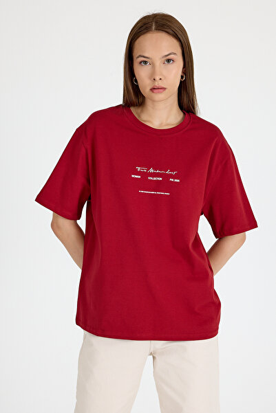 Rays Tricou oversize cu imprimeu cu text cu decolteu roșu Claret 5832