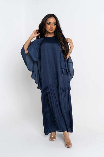 Nichii Solid Pleated Midi Dress with Butterfly Sleeves