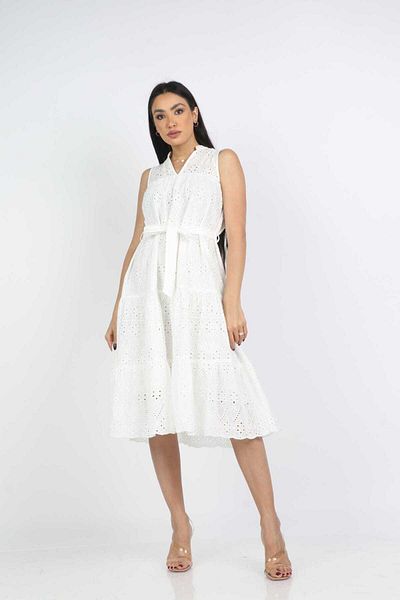 Nichii Women's Midi Puff Lace Dress with Waist Belt, No Sleeves