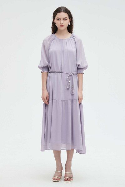 Nichii 3/4 Sleeve Midi Dress with Waist Tie