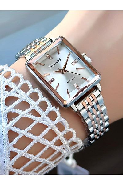 Ferrucci Milano Women's Watch – Stone Dial, Cut Glass, Rectangular Case, Two-Color Metal Cord