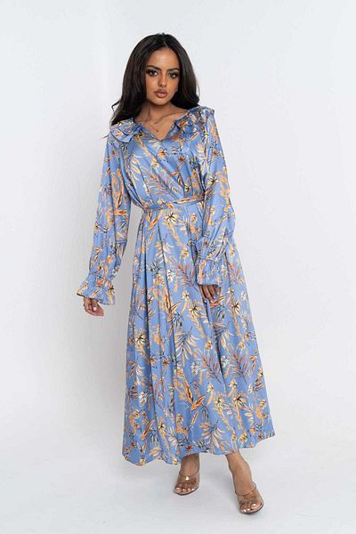 Nichii Women's V-Neck Long Sleeve Flared Midi Dress with Waist Detail