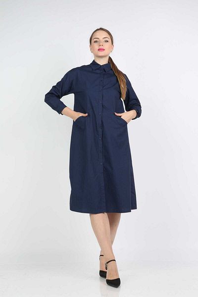 Nichii Long Sleeve Shirt-Style Midi Dress with Pockets