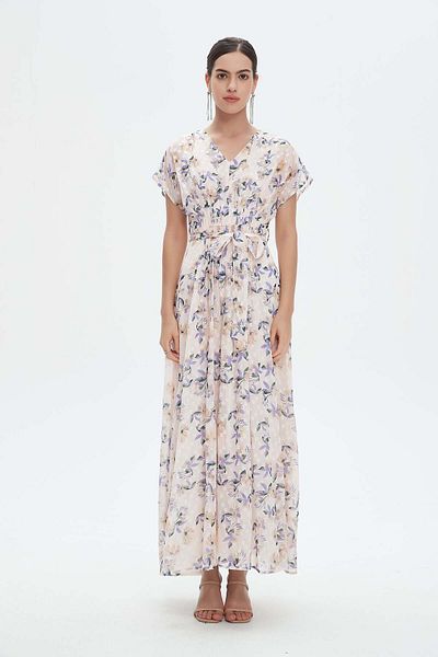 Nichii Floral Short Sleeve Maxi Dress with a Cinched Waist