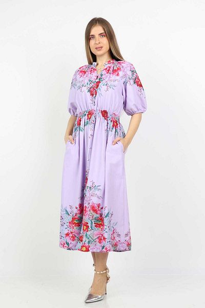 Nichii Short Sleeve Floral Print Midi Dress with Elastic Waist