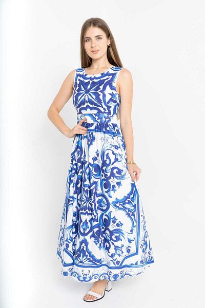 Nichii Women's Flared Printed Dress with Wide Bottom and Cinched Waist