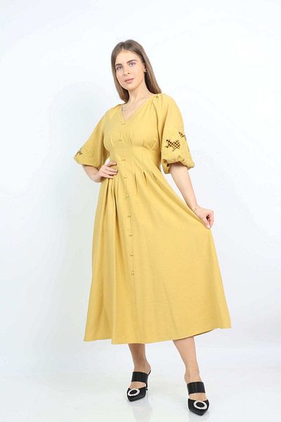 Nichii Women’s Fitted Midi Dress with Front Buttons and Short Puffed Sleeves