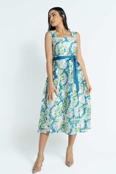 Nichii Sleeveless Floral Midi Dress with Waist Tie