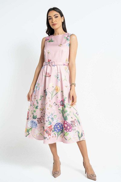 Nichii Floral Sleeveless Midi Dress with Waist Belt