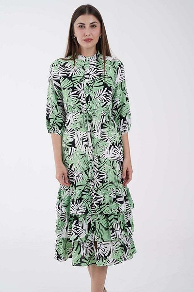Nichii Women's Printed Midi Dress with Belted Waist and 3/4 Sleeves
