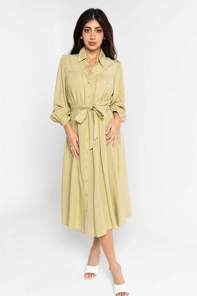 Nichii Women's Long Sleeve Tie Waist Shirt Dress