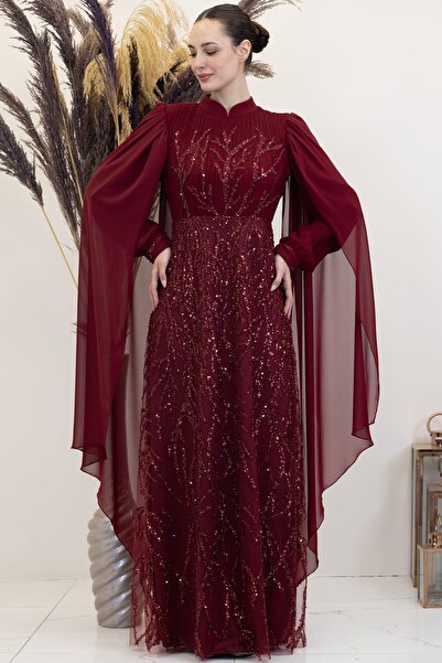 Esilanur Kolları Pelerinli Ezgi Tesettür Abiye Bordo