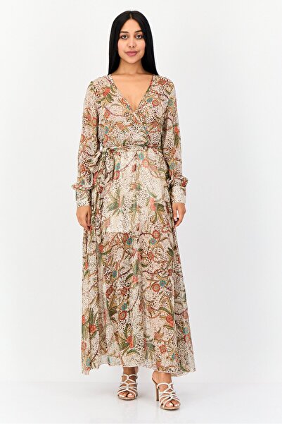 Spy Zone Exchange فستان ماكسي بحزام مطبوع بالكامل للنساء، متعدد الألوان