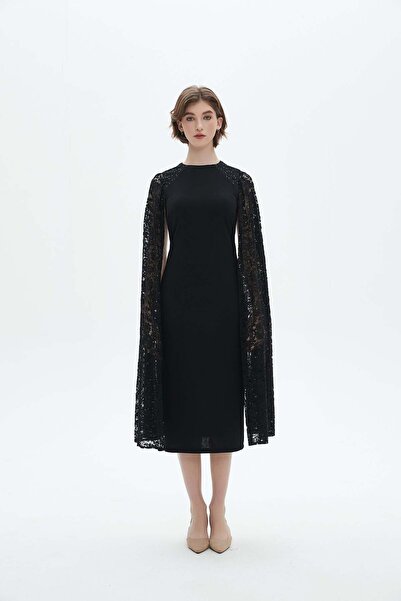 Nichii Lace Cape Sleeve Midi Dress with Round Neck