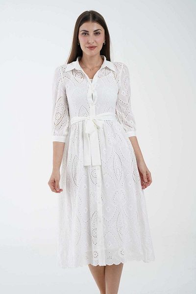 Nichii Women's Midi Dress with Waist Belt, Front Buttons, and 3/4 Sleeves