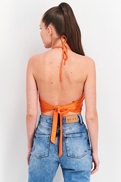 Sinsay Women V Neck Sleeveless Plain Crop Top, Orange