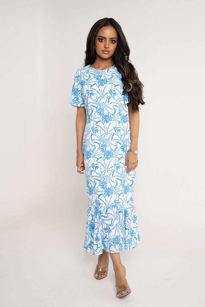 Nichii Women's Floral Print Midi Dress with Round Neck and Short Sleeves
