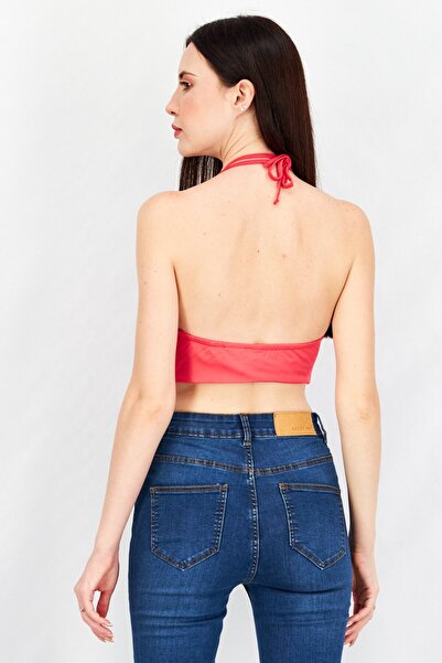 Sinsay Women Halter Neck Sleeveless Open Back Crop Top, Hot Pink