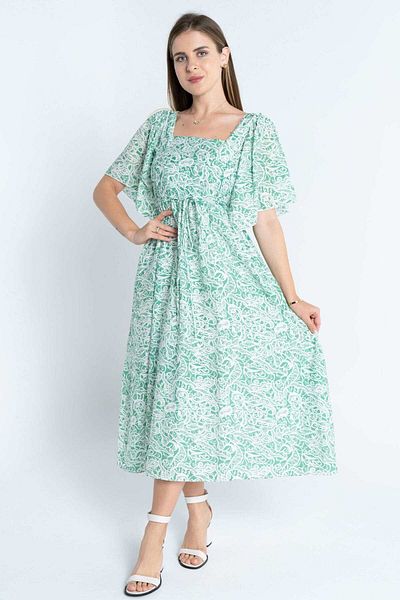 Nichii Women's Mid-Length Printed Dress with Square Neck and Short Loose Sleeves