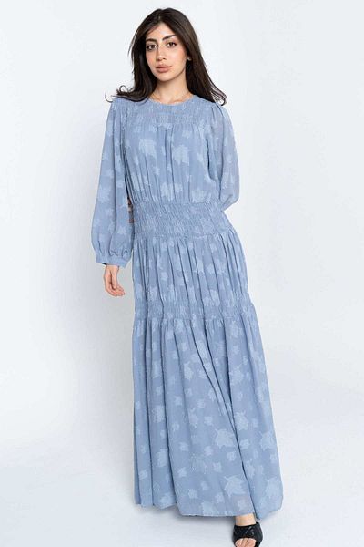 Nichii Women's Long Dress with Vertical Pleats and Long Sleeves