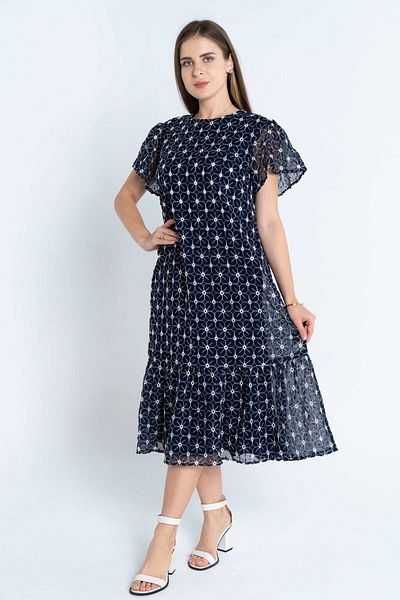 Nichii Women's Floral Midi Dress with Short Sleeves and Open Back