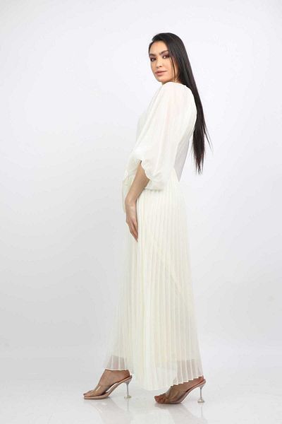 Nichii Long Pleated Chiffon Dress with Wide Puff Sleeves