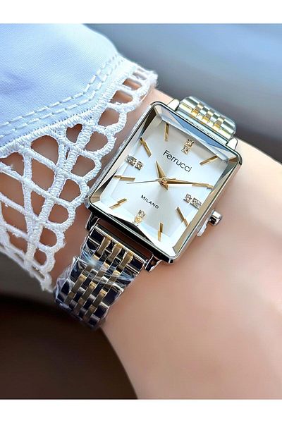 Ferrucci Milano Women's Watch – Stone Dial, Cut Glass, Rectangular Case, Two-Color Metal Cord