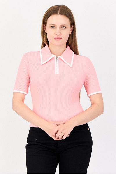 Area Stars Women Spread Collar Short Sleeves Rib Top, Pink