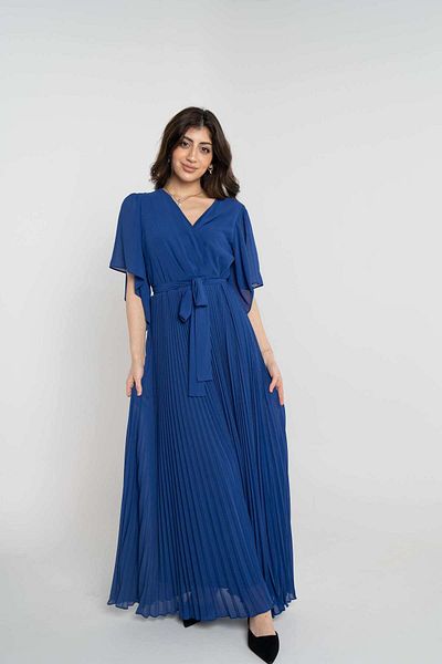 Nichii Pleated Maxi Wrap Dress with Waist Belt and Wide Half Sleeves