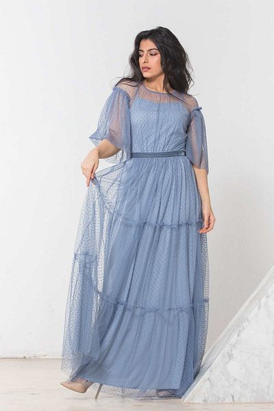 Nichii Women's Sheer Long Evening Dress with Short Sleeves