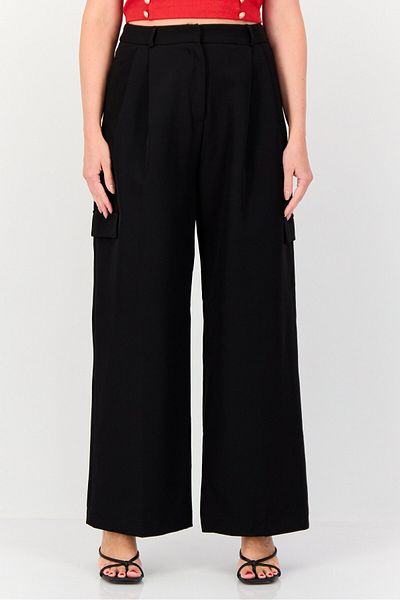 Koton Women Regular Fit Solid Wide Leg Pants, Black